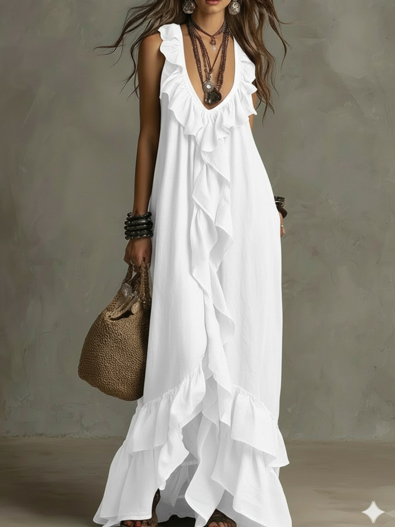 Vestido Maxi Negro Volantes Escote V Profundo Sin Manga Boho Chic Playa Noche Mujer Elegante
