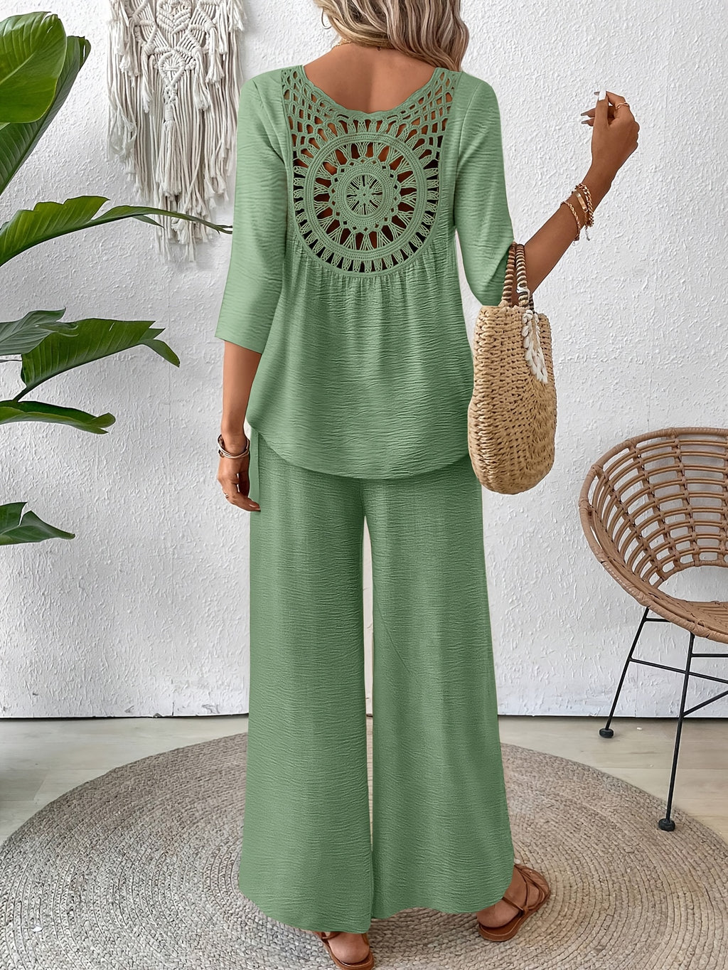Conjunto 2 Piezas Top Crochet Espalda Manga 3/4 Pantalón Palazzo Casual Boho Mujer
