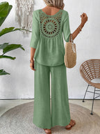 Conjunto 2 Piezas Top Crochet Espalda Manga 3/4 Pantalón Palazzo Casual Boho Mujer
