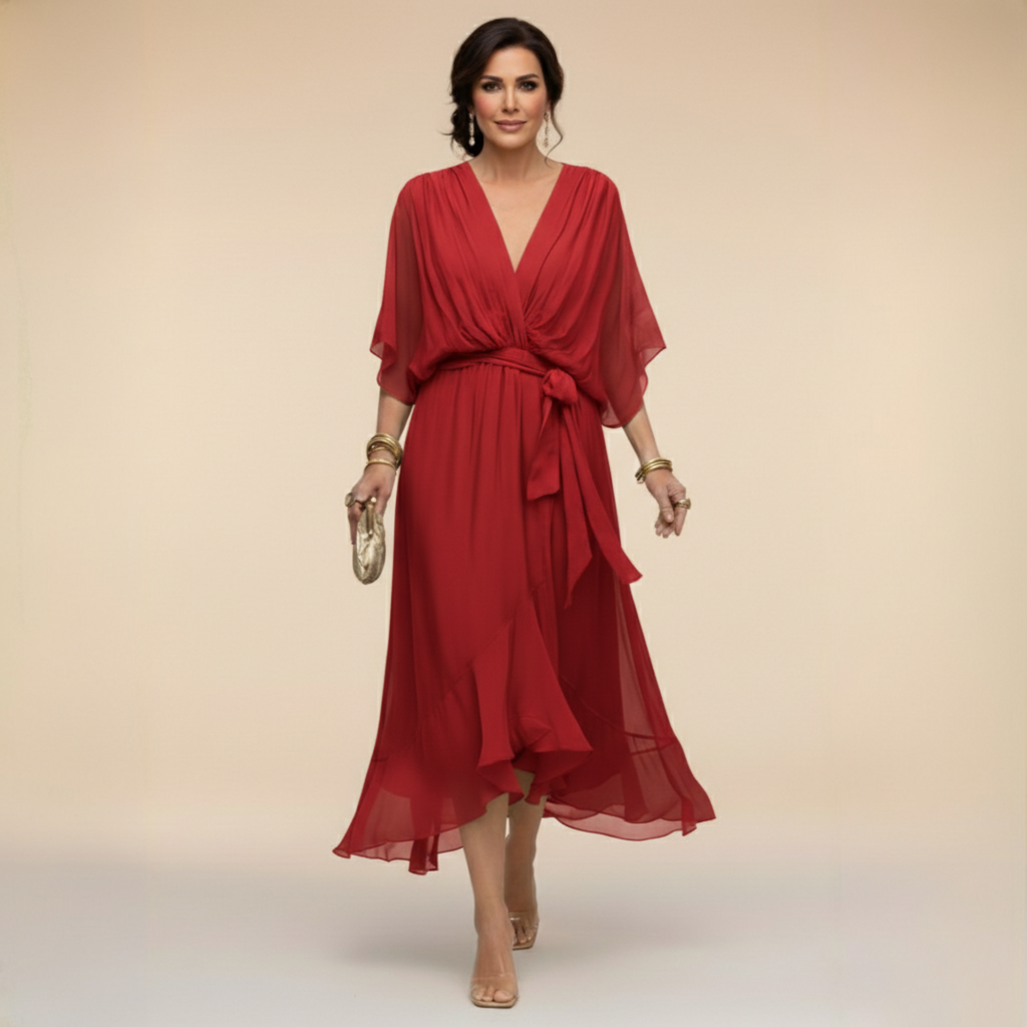 Vestido Midi Femenino Elegante con Escote en V y Cinturón para Fiesta
