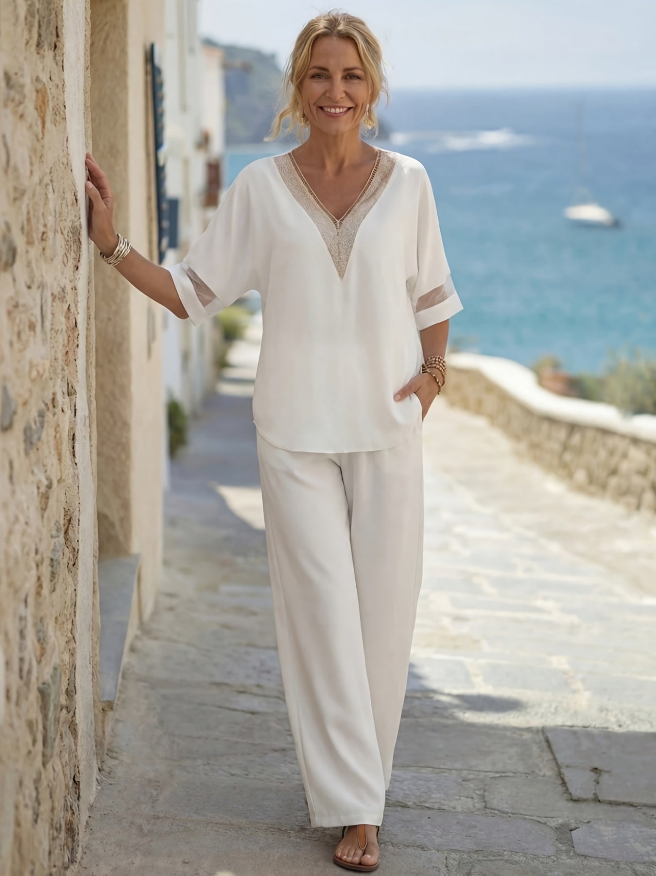 Conjunto Mujer Blanco de Lino con Escote V Bordado y Pantalón Palazzo Casual Elegante Resort
