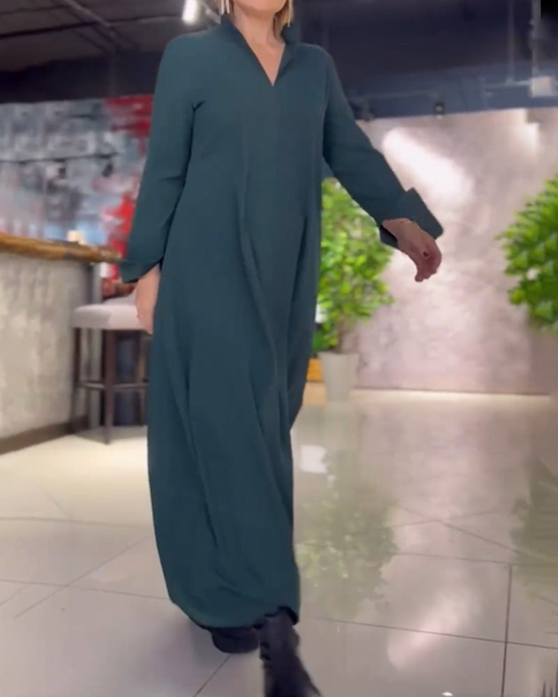 Vestido Maxi Holgado con Bolsillos Manga Larga Casual Elegante de Corte Amplio y Caída Fluida