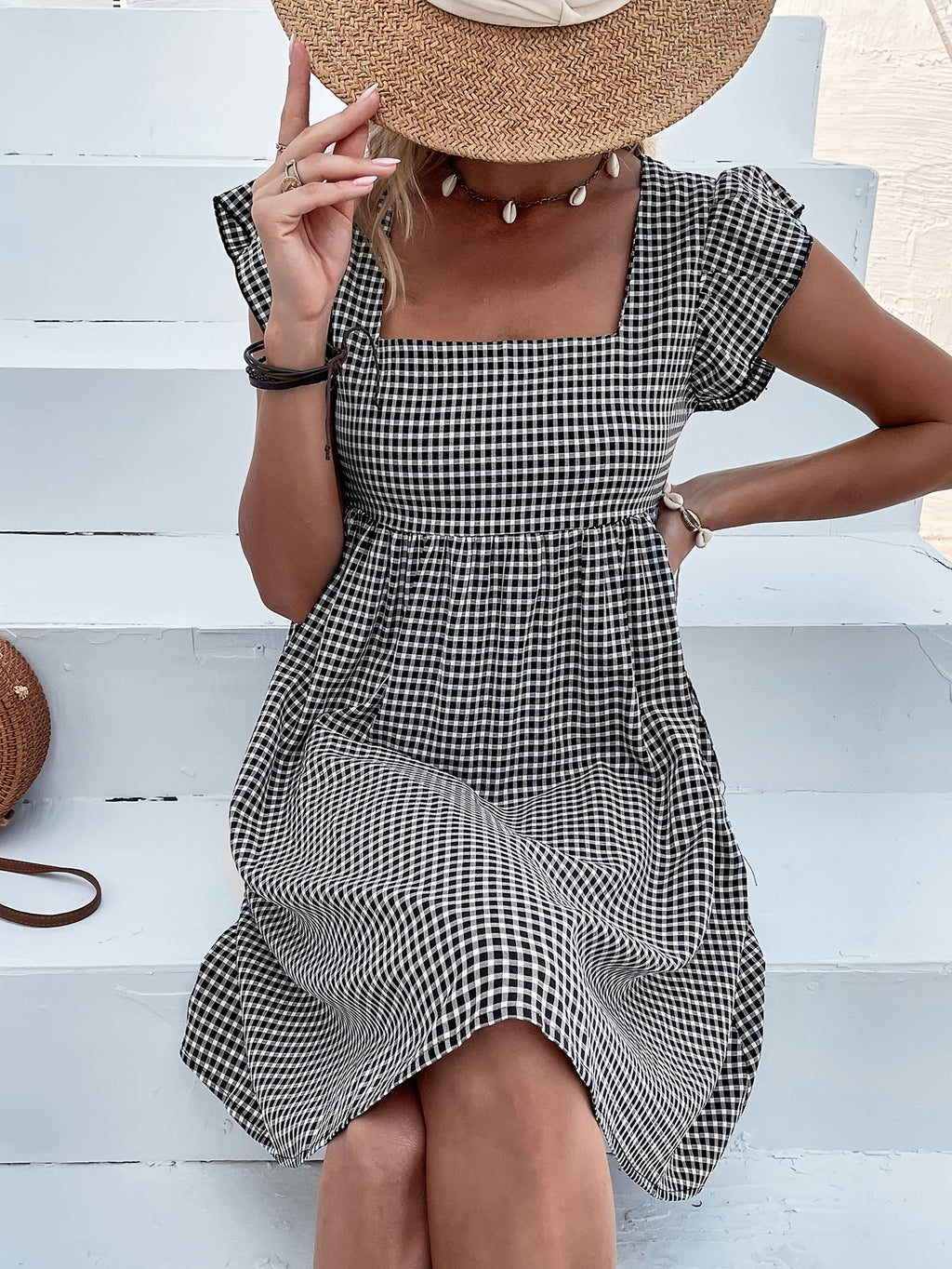 Vestido de Mujer, Vestido Corto con Cuello Cuadrado y Diseño de Cubierta a Cuadros para Vacaciones y Playa