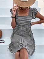 Vestido de Mujer, Vestido Corto con Cuello Cuadrado y Diseño de Cubierta a Cuadros para Vacaciones y Playa
