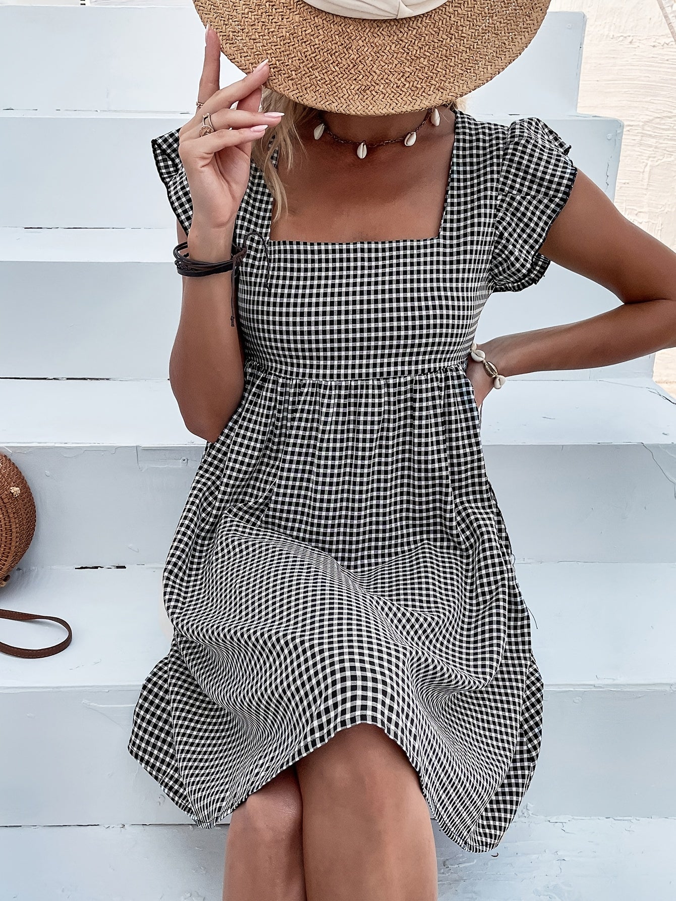 Vestido de Mujer, Vestido Corto con Cuello Cuadrado y Diseño de Cubierta a Cuadros para Vacaciones y Playa