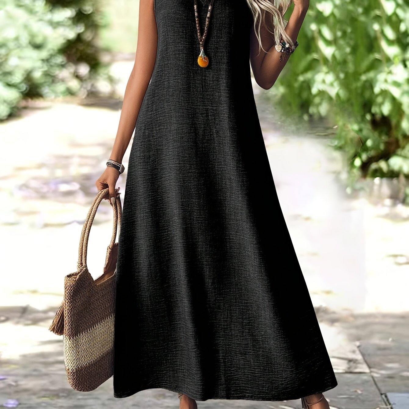 Vestido Largo Sin Mangas Terracota Casual Elegante de Lino Suelto para Verano Mujer