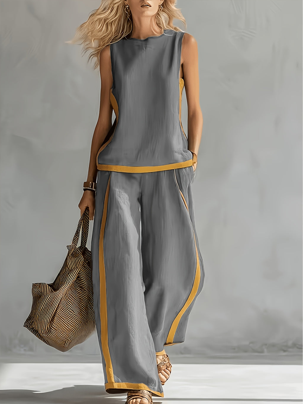 Conjunto 2 Piezas Gris Top Sin Manga y Pantalón Palazzo Ribete Mostaza Lino Casual Chic Mujer
