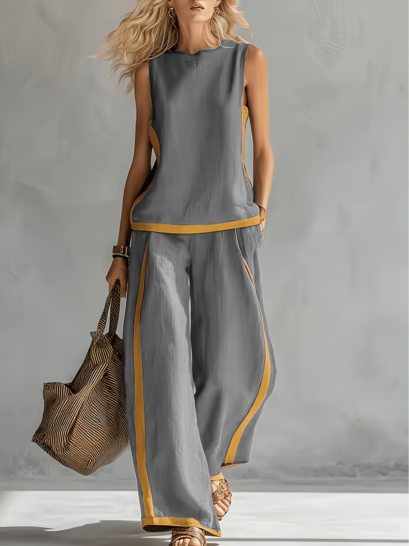 Conjunto 2 Piezas Gris Top Sin Manga y Pantalón Palazzo Ribete Mostaza Lino Casual Chic Mujer