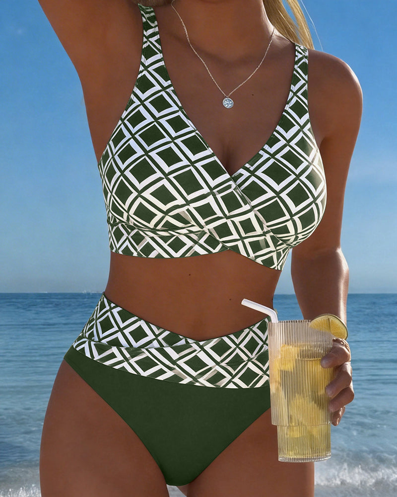 Bikini de Tiro Alto con Estampado Geométrico Estilo Playa para Mujer con Top Cruzado y Soporte Cómodo