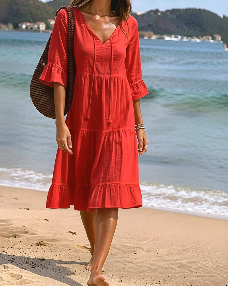 Vestido Midi Holgado con Escote V Manga 3/4 Estilo Playero Casual para Mujer con Volantes y Cordones
