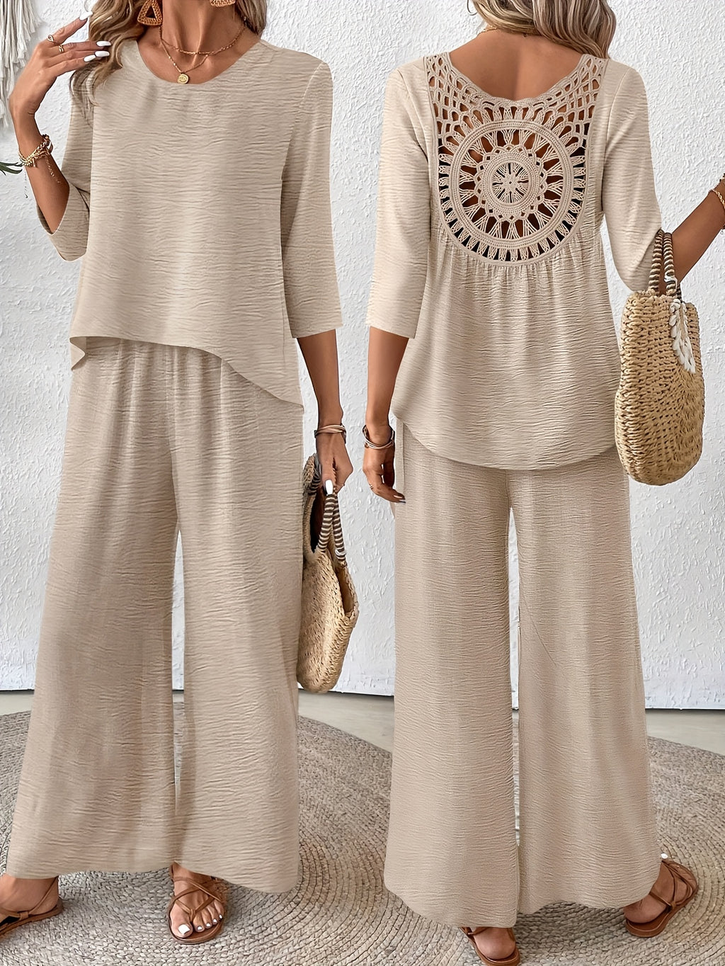 Conjunto 2 Piezas Top Crochet Espalda Manga 3/4 Pantalón Palazzo Casual Boho Mujer