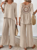 Conjunto 2 Piezas Top Crochet Espalda Manga 3/4 Pantalón Palazzo Casual Boho Mujer