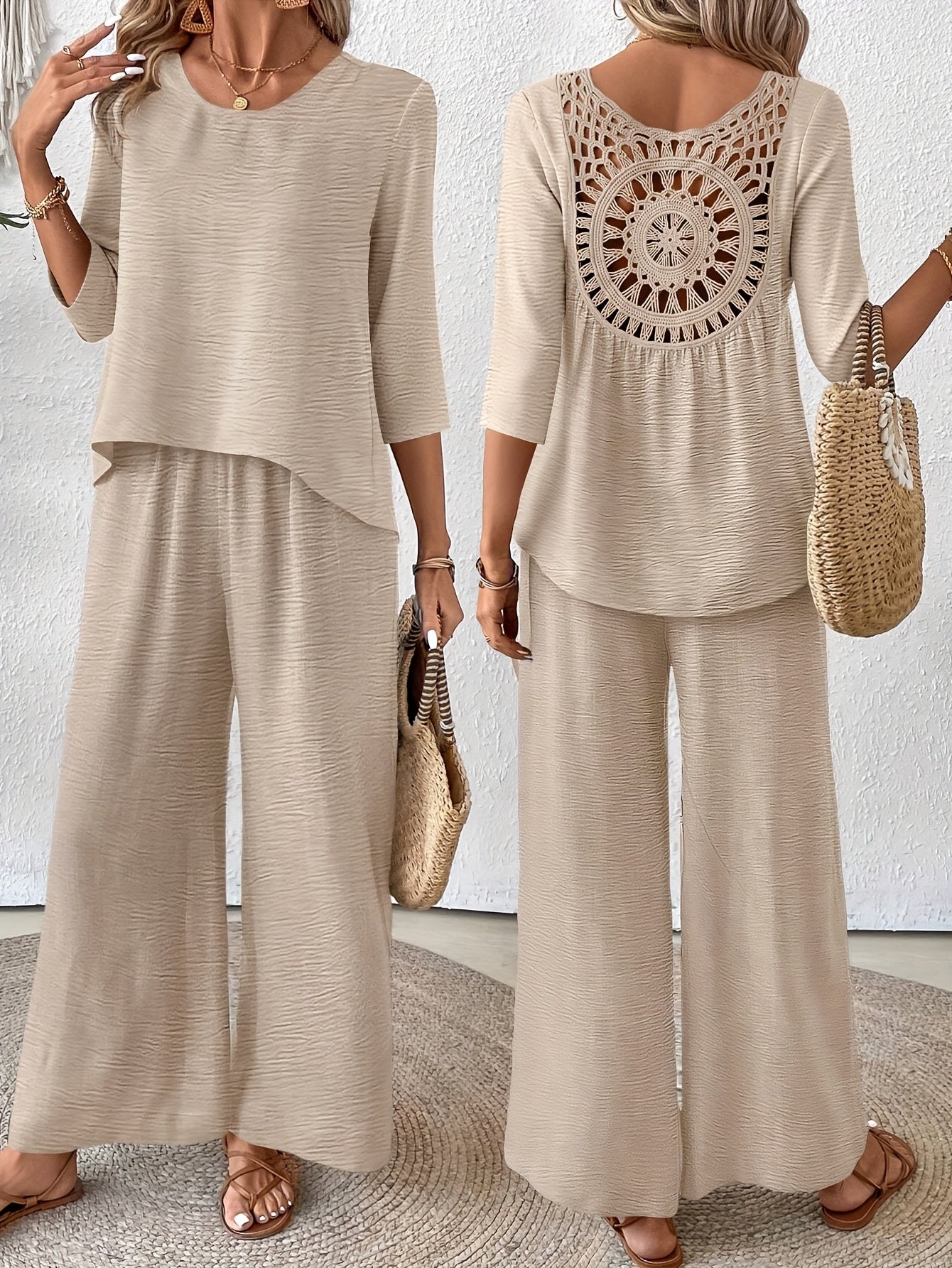 Conjunto 2 Piezas Top Crochet Espalda Manga 3/4 Pantalón Palazzo Casual Boho Mujer