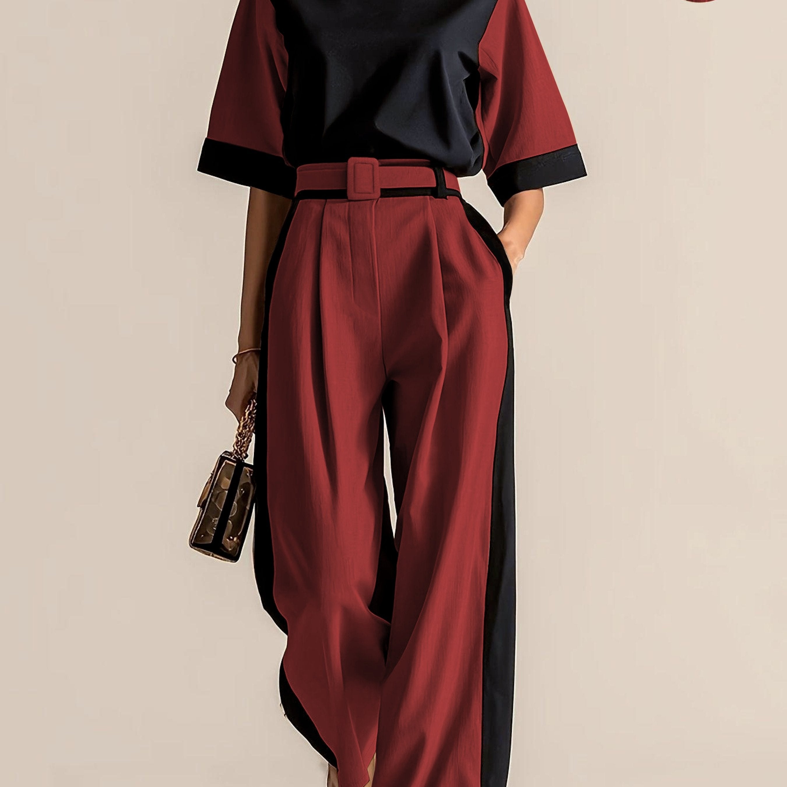 Conjunto 3 Piezas Negro Camel Color Block Top Oversize Pantalón Palazzo con Cinturón Elegante Mujer
