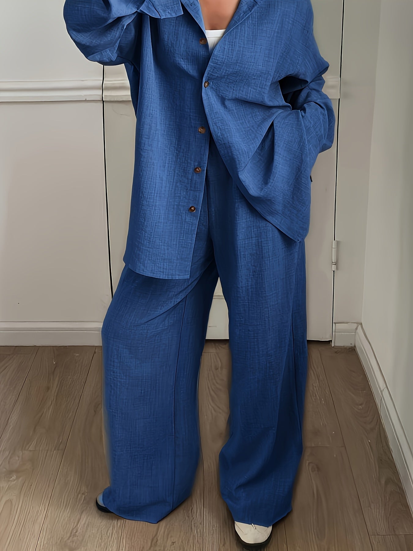 Conjunto Mujer Camisa Oversize y Pantalón Palazzo Casual Elegante de Lino para Oficina, Viaje y Verano