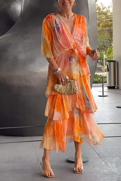 Vestido Largo Elegante Estampado de Chifón con Cinturón Ajustable