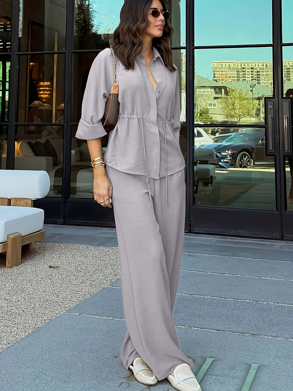 Conjunto Mujer Lino con Pantalón Palazzo Cintura Ajustable Casual Elegante