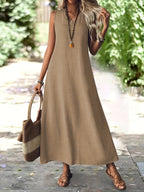 Vestido Largo Sin Mangas Terracota Casual Elegante de Lino Suelto para Verano Mujer