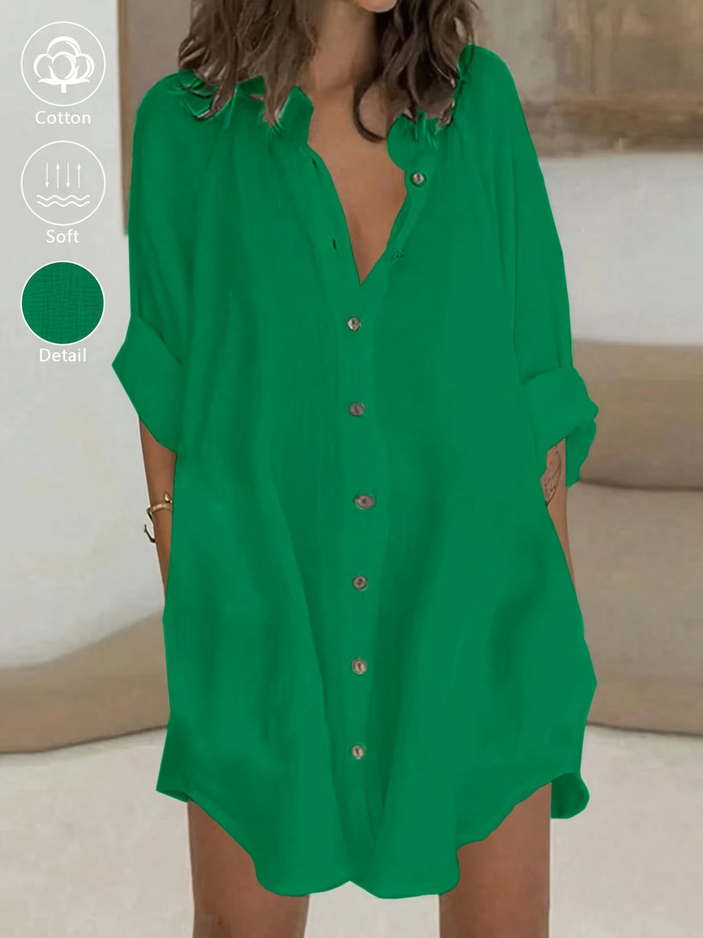 Vestido casual de mujer 100% con cuello y botones, camisa de primavera verano para trabajo diario, fácil, color liso, manga 3/4, vestido corto