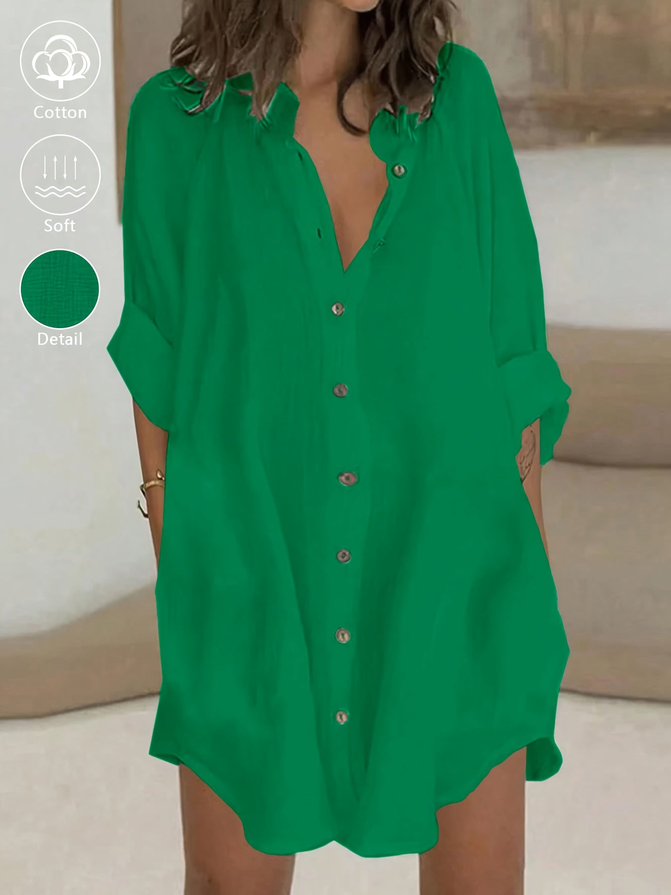 Vestido casual de mujer 100% con cuello y botones, camisa de primavera verano para trabajo diario, fácil, color liso, manga 3/4, vestido corto