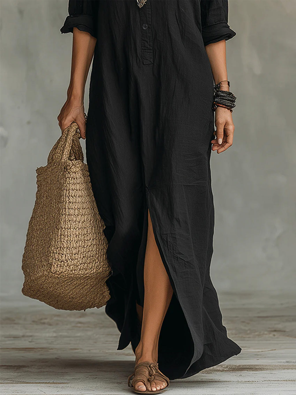 Vestido Camisero Maxi Negro Lino Manga Larga Cuello Camisa Abertura Lateral Boho Casual Mujer