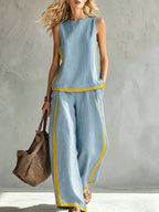 Conjunto Mujer con Pantalón Palazzo Contraste Amarillo Casual Elegante Verano