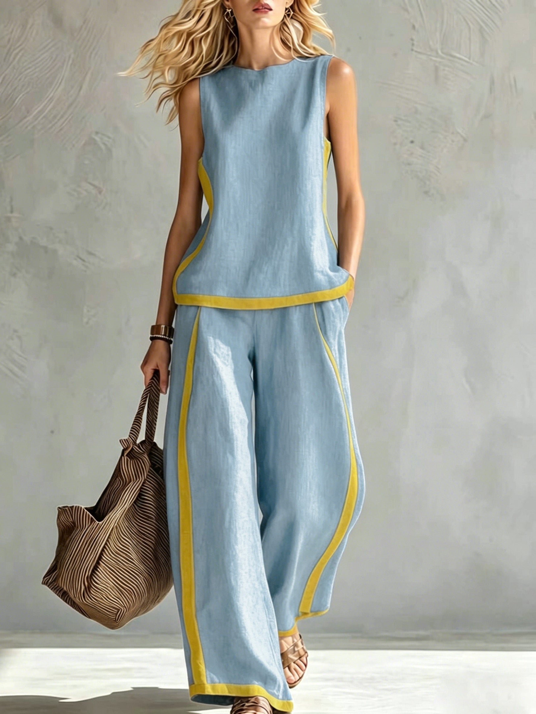 Conjunto Mujer con Pantalón Palazzo Contraste Amarillo Casual Elegante Verano