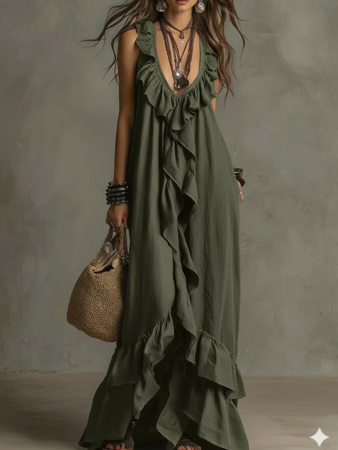 Vestido Maxi Negro Volantes Escote V Profundo Sin Manga Boho Chic Playa Noche Mujer Elegante