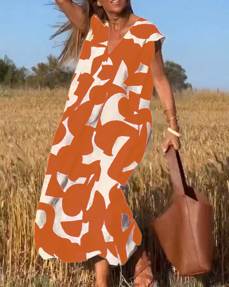 Vestido Largo Holgado con Escote V Casual Elegante Estampado Geométrico Fluido