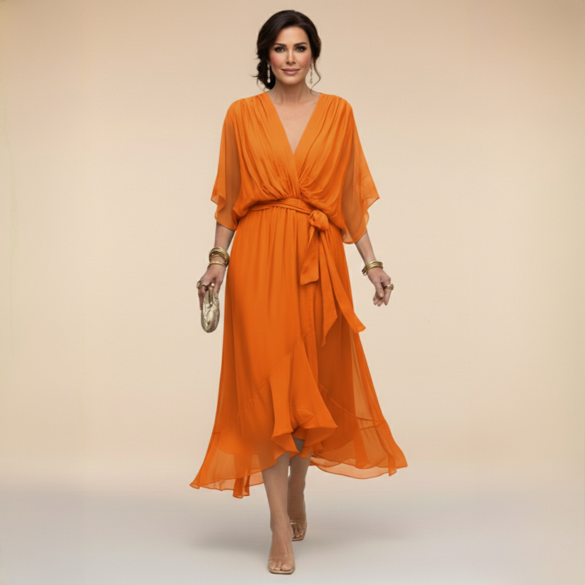 Vestido Midi Femenino Elegante con Escote en V y Cinturón para Fiesta