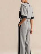 Conjunto 3 Piezas Negro Camel Color Block Top Oversize Pantalón Palazzo con Cinturón Elegante Mujer