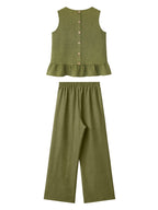 Conjunto de Lino Mujer Verde Oliva con Pantalón Palazzo Sin Mangas Casual Elegante Verano