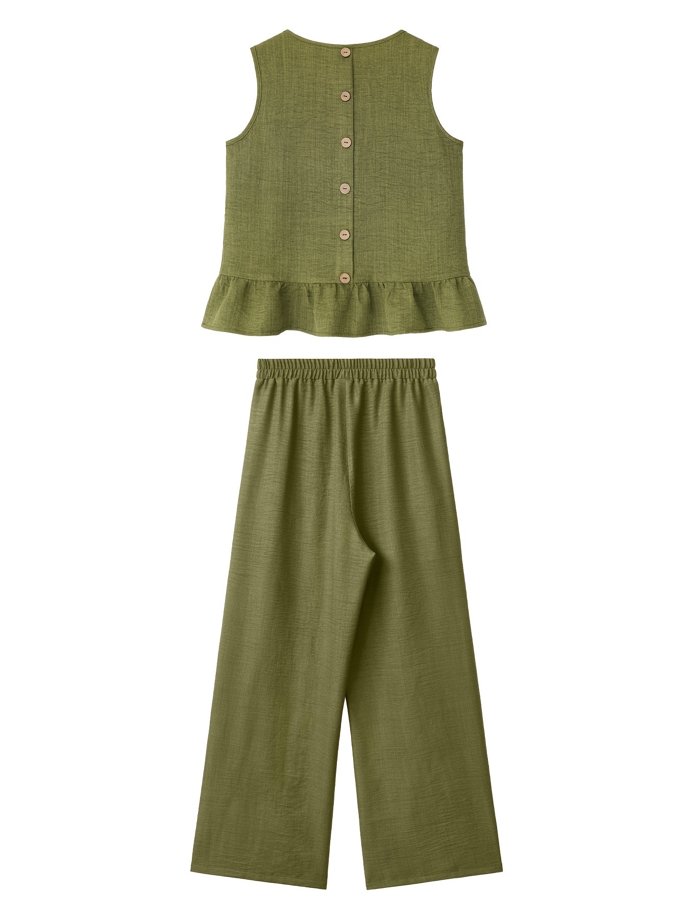Conjunto de Lino Mujer Verde Oliva con Pantalón Palazzo Sin Mangas Casual Elegante Verano