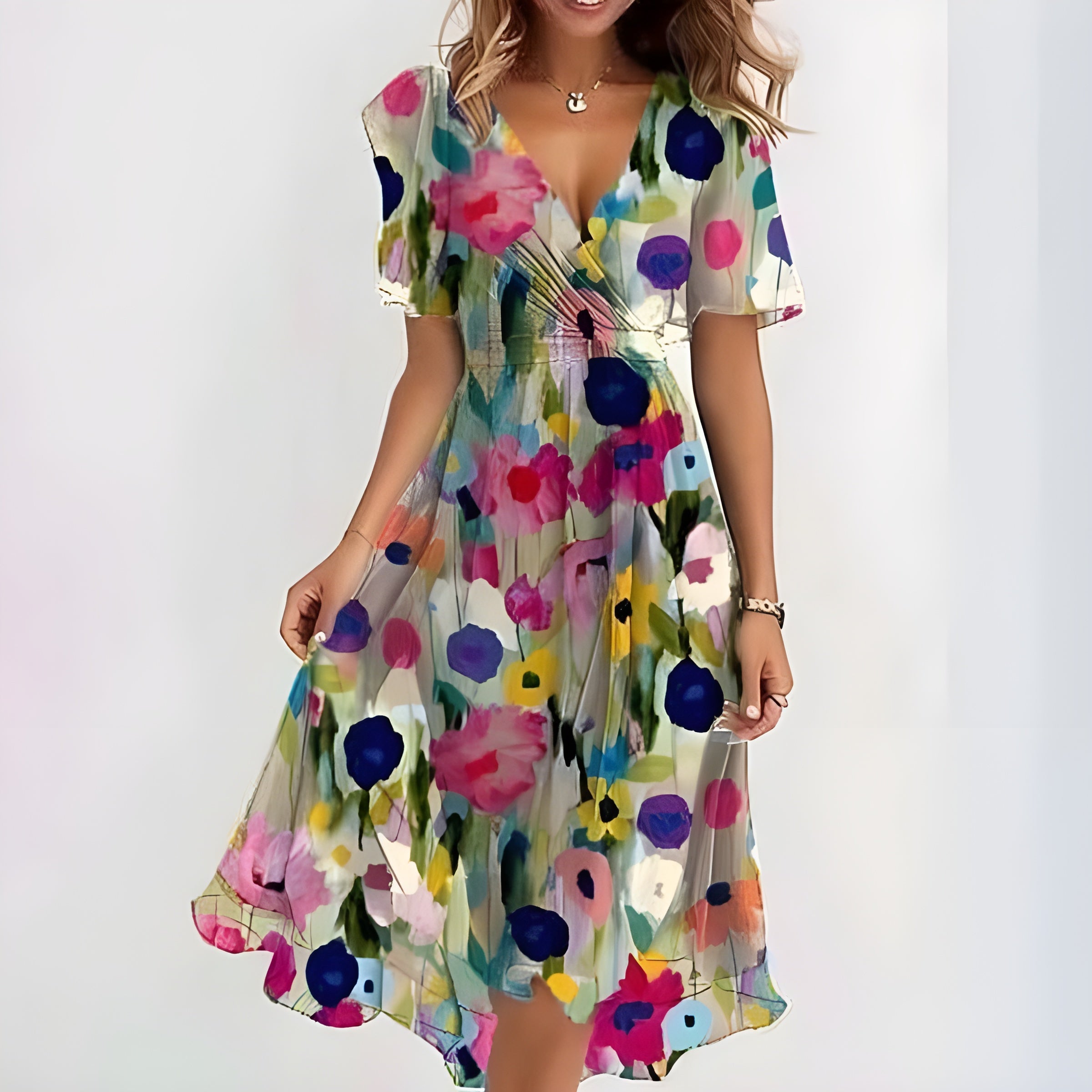 Vestido Femenino Floral Midi con Escote en V para Verano Multicolor