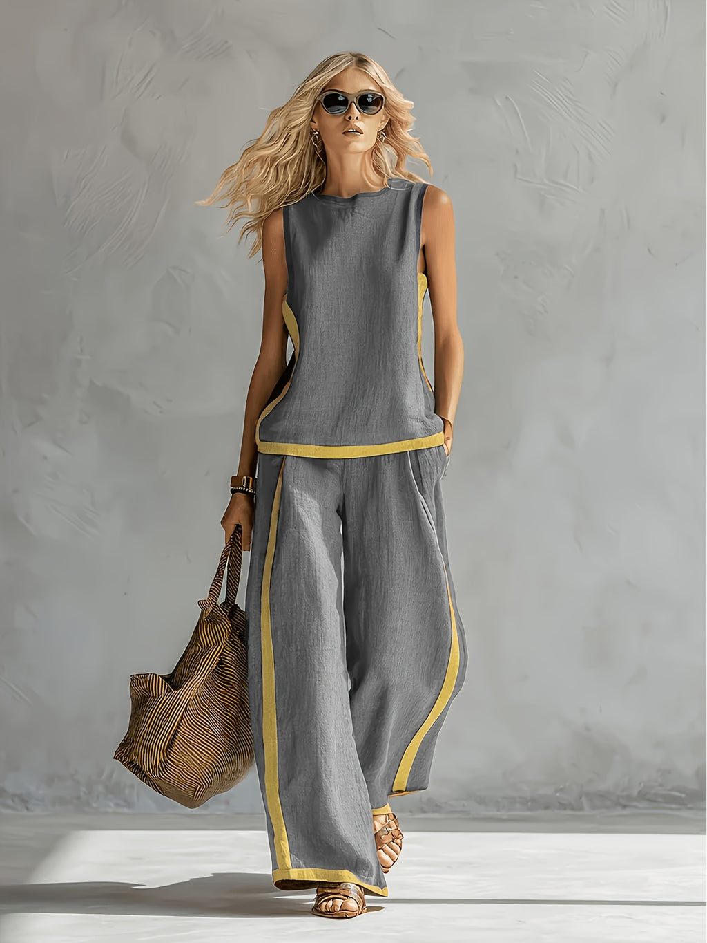 Conjunto 2 Piezas Gris Top Sin Manga y Pantalón Palazzo Ribete Mostaza Lino Casual Chic Mujer