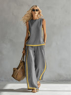 Conjunto 2 Piezas Gris Top Sin Manga y Pantalón Palazzo Ribete Mostaza Lino Casual Chic Mujer
