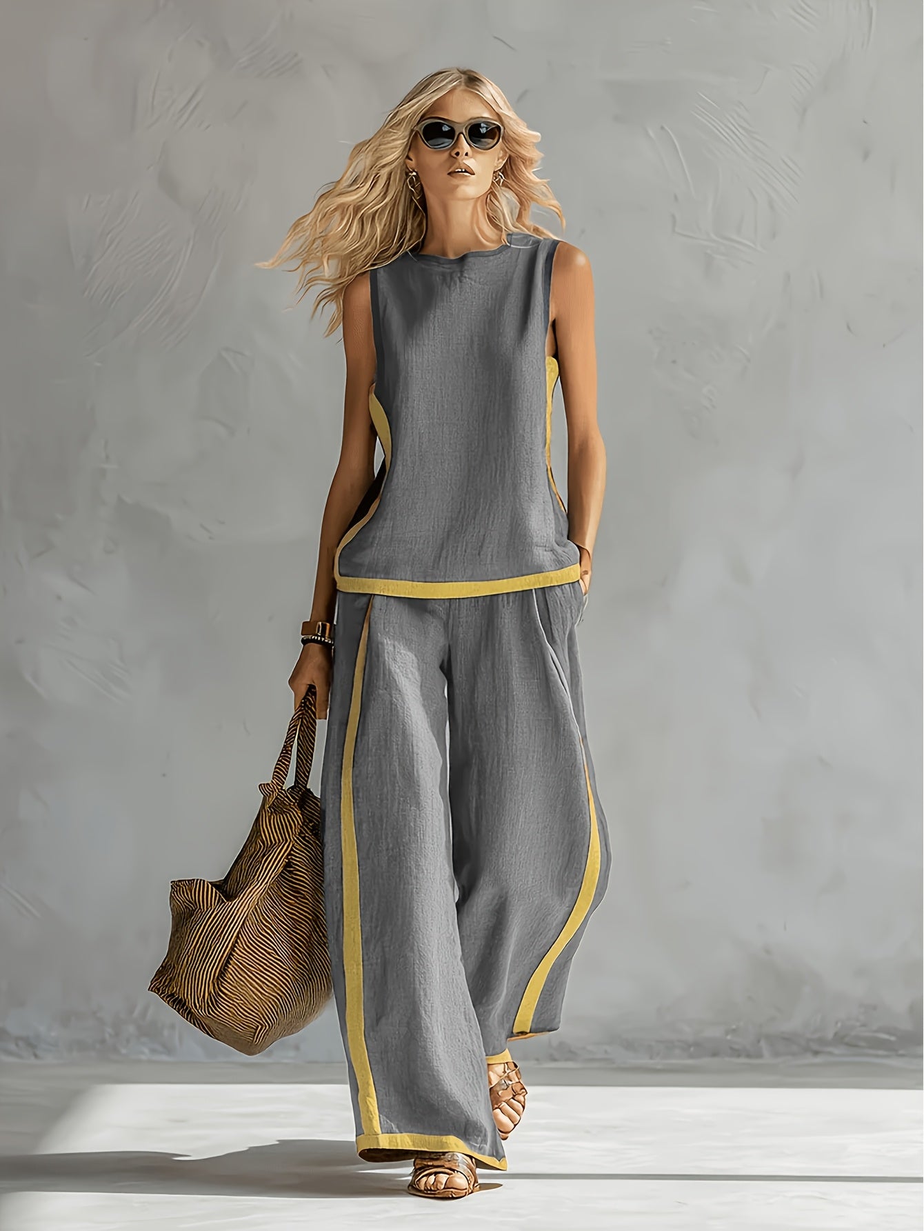 Conjunto 2 Piezas Gris Top Sin Manga y Pantalón Palazzo Ribete Mostaza Lino Casual Chic Mujer