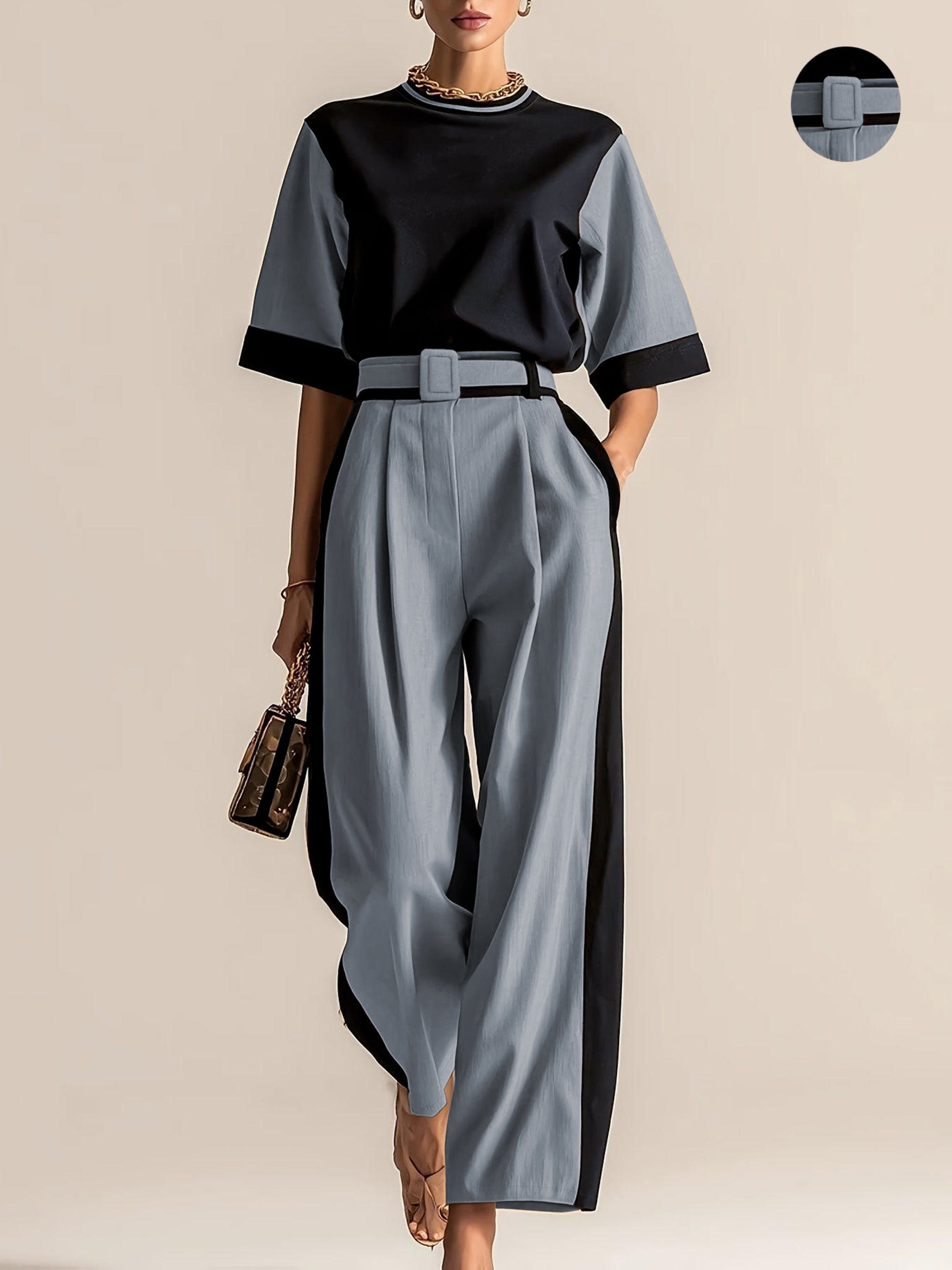 Conjunto 3 Piezas Negro Camel Color Block Top Oversize Pantalón Palazzo con Cinturón Elegante Mujer