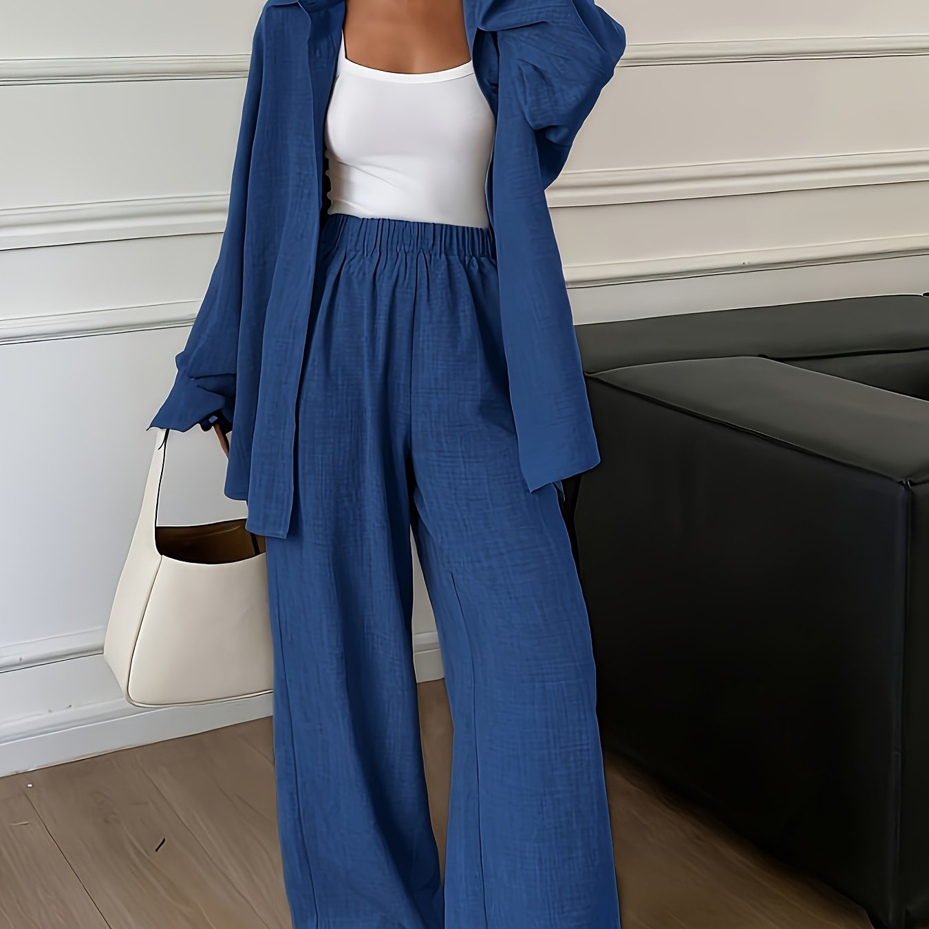 Conjunto Mujer Camisa Oversize y Pantalón Palazzo Casual Elegante de Lino para Oficina, Viaje y Verano
