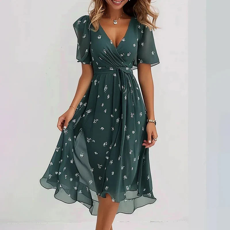 Vestido Femenino Floral Midi con Escote en V para Verano Multicolor