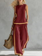 Conjunto Mujer con Pantalón Palazzo de Lino Ligero y Detalles Mostaza Casual Verano