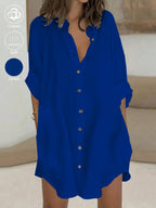 Vestido casual de mujer 100% con cuello y botones, camisa de primavera verano para trabajo diario, fácil, color liso, manga 3/4, vestido corto