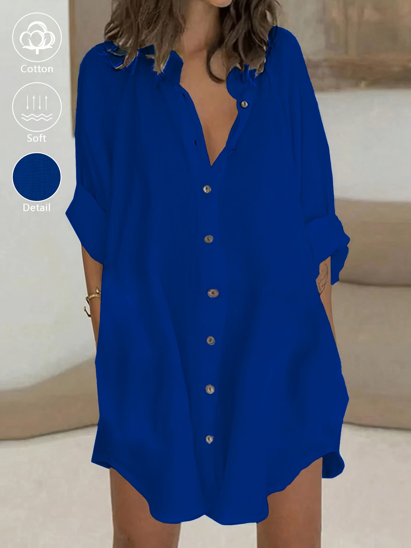 Vestido casual de mujer 100% con cuello y botones, camisa de primavera verano para trabajo diario, fácil, color liso, manga 3/4, vestido corto