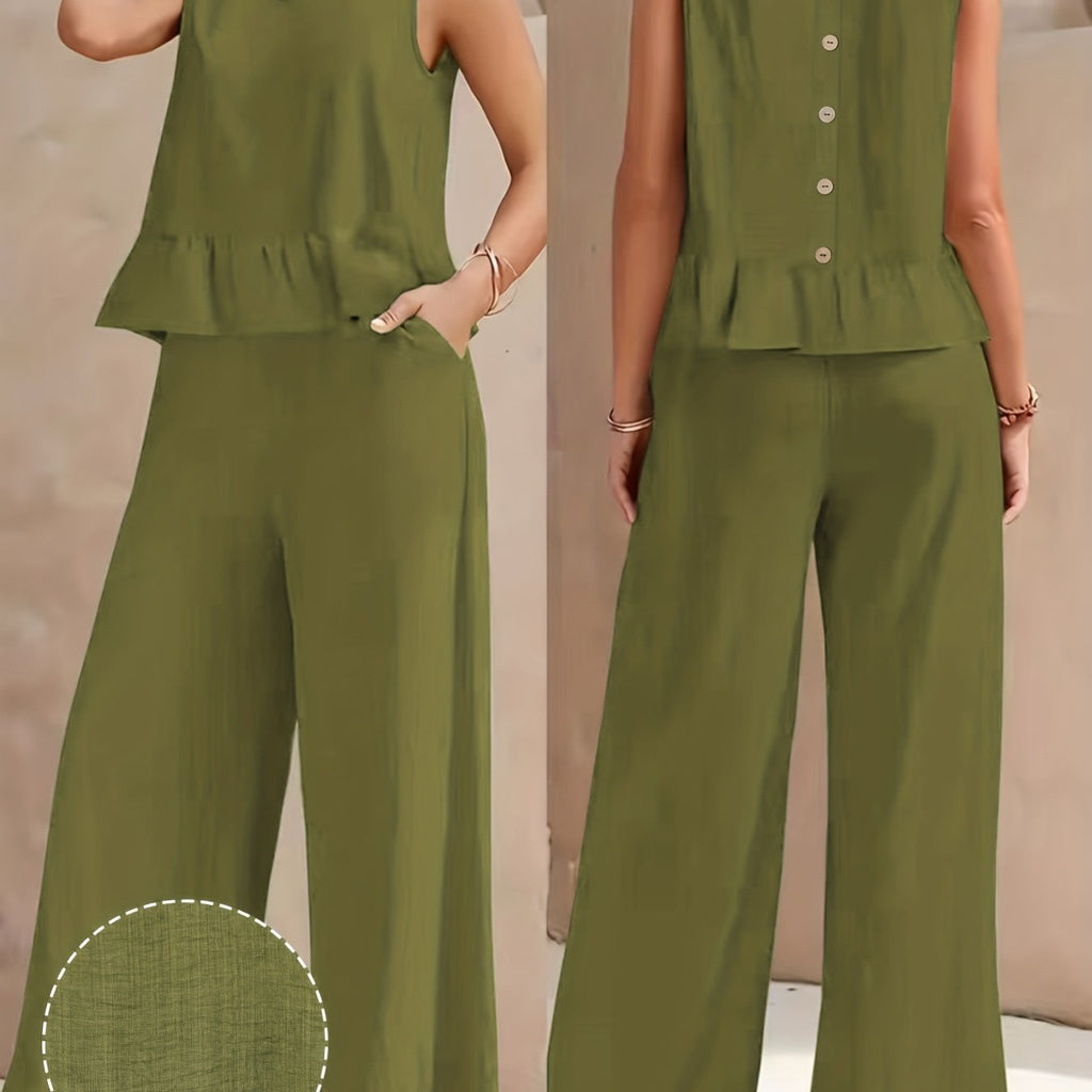 Conjunto de Lino Mujer Verde Oliva con Pantalón Palazzo Sin Mangas Casual Elegante Verano