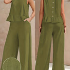Conjunto de Lino Mujer Verde Oliva con Pantalón Palazzo Sin Mangas Casual Elegante Verano