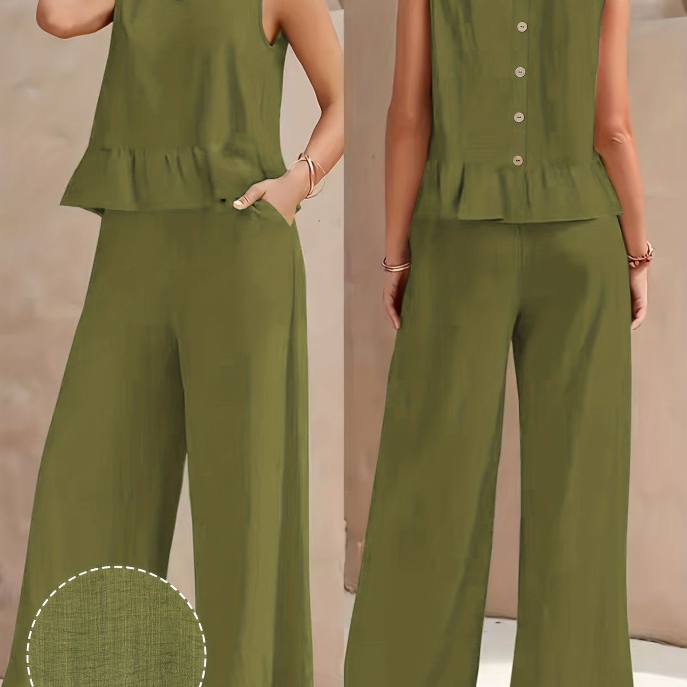 Conjunto de Lino Mujer Verde Oliva con Pantalón Palazzo Sin Mangas Casual Elegante Verano