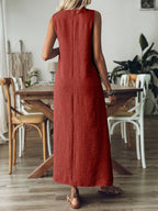 Vestido Largo Sin Mangas Terracota Casual Elegante de Lino Suelto para Verano Mujer