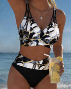 Bikini 2 Piezas Estampado Mármol Dorado Negro Tirantes Dobles Cruzados Top Triángulo Playa Mujer