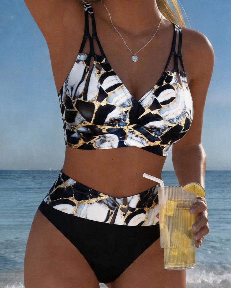 Bikini 2 Piezas Estampado Mármol Dorado Negro Tirantes Dobles Cruzados Top Triángulo Playa Mujer