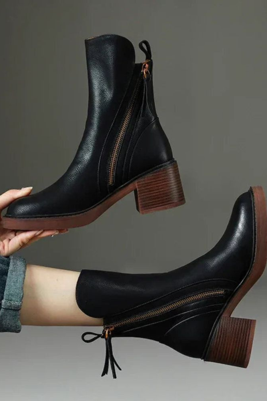 Black Leather Ankle Boots with Block Heel and Gold Zip